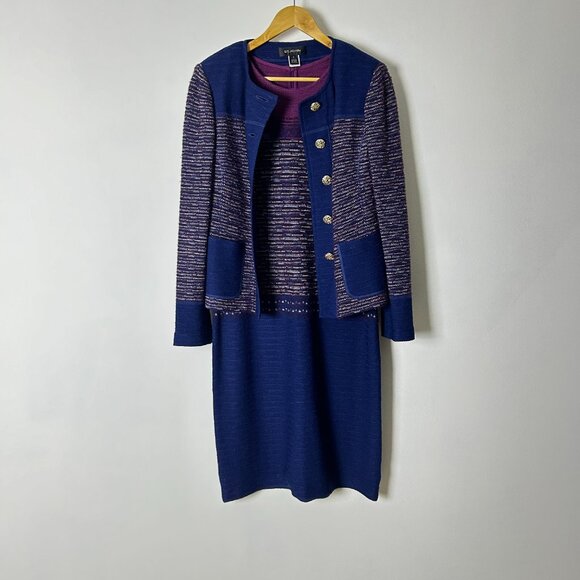 St. John Blue Purple Texture Tweed‎ Career Jacket Blazer Dress Set Women'… - Picture 8 of 15